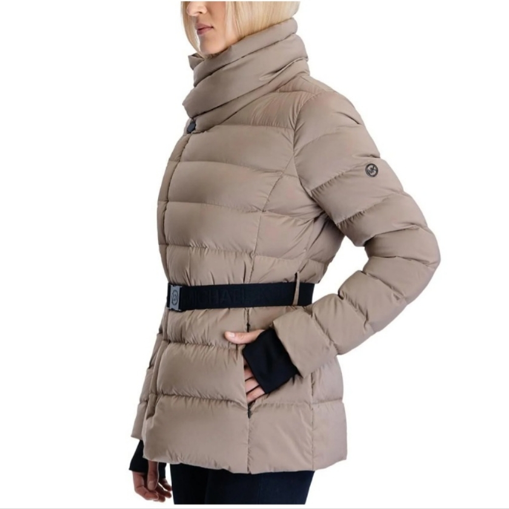 Michael Kors Gray Stretch Belted Asymmetrical Down Puffer Jacket Small